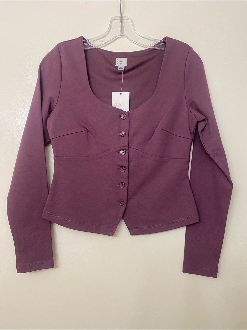 a new day plum mauve scoop-neck button-front long sleeve top